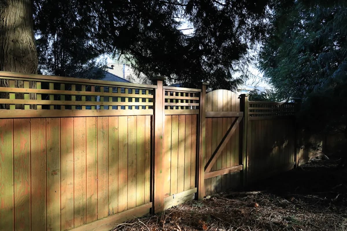 Wood privacy fence with a gate on a sunny day